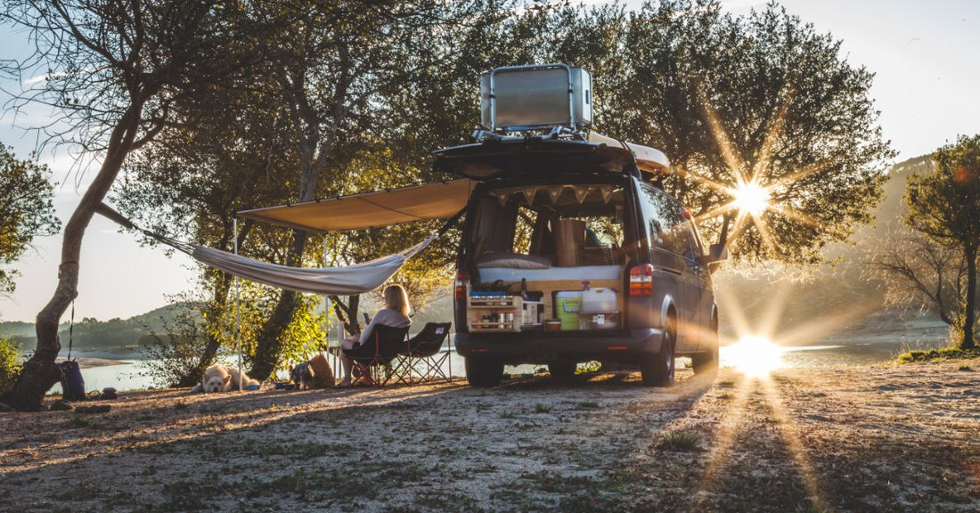 A dark camper van is parked by the trees, with a hammock near the water as sunlight filters through the trees at the camp.