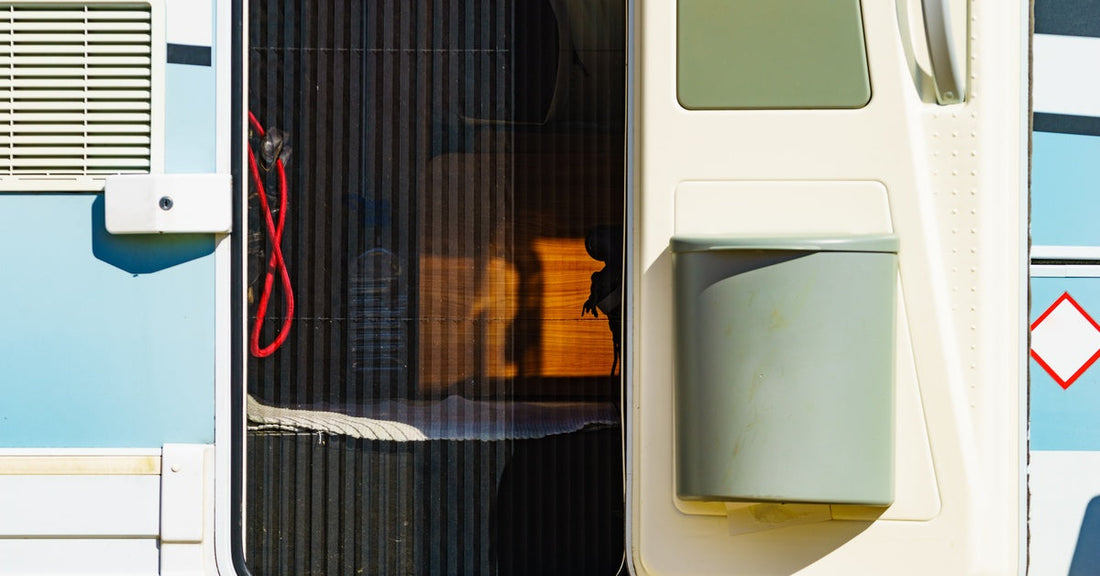 A camper van door with a mesh screen and a trash bin beside it leads to a simple and functional entryway.